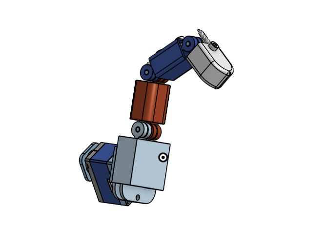 CAD render of the finger assembly showing the wrist servo, capstan joints, and distal phalanx