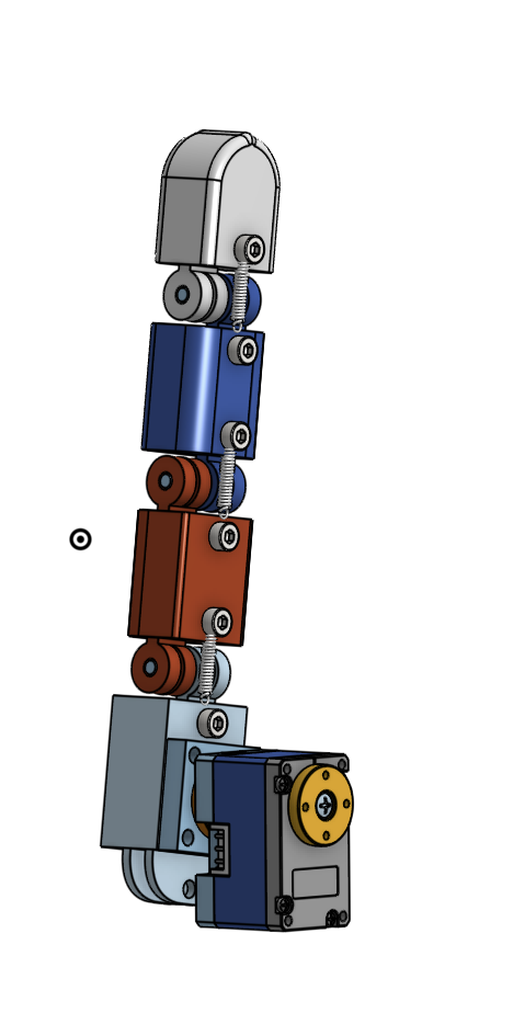 CAD render of the full finger assembly with capstan joints and tendon routing stacked from base servo to fingertip